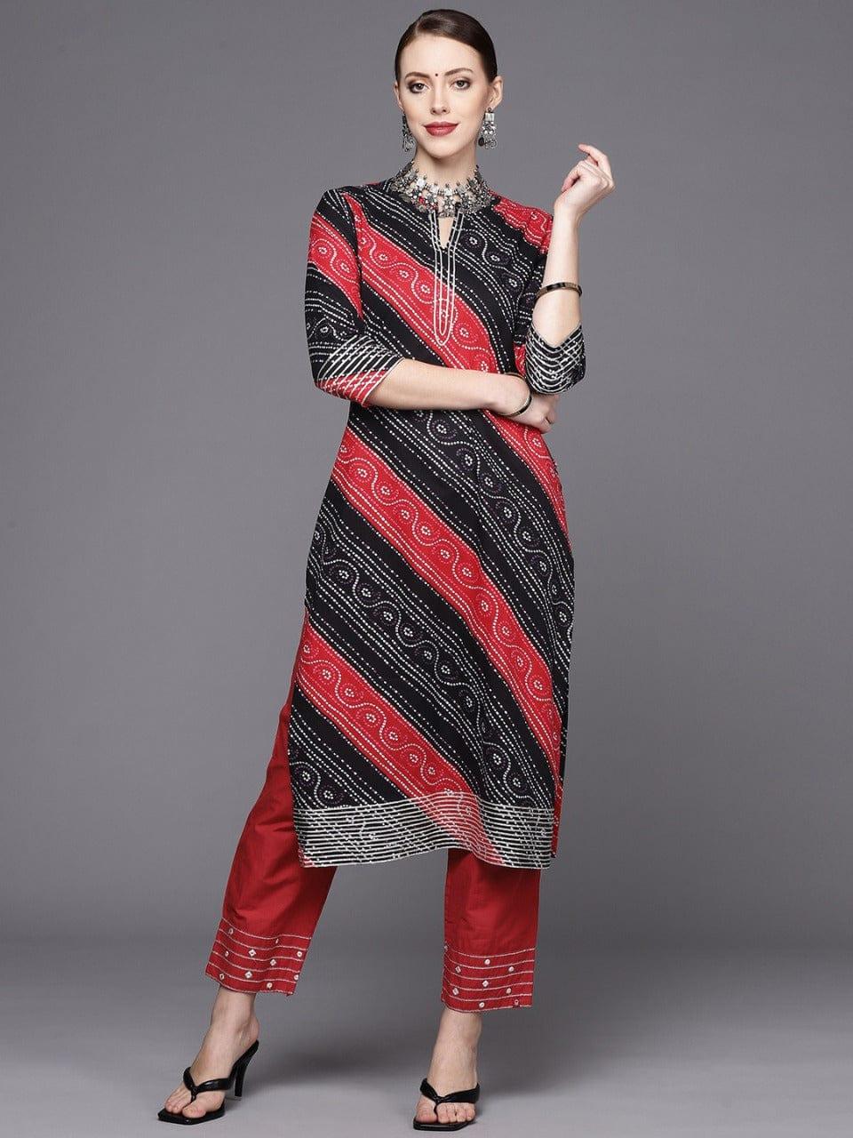 Varanga Women Black & Red Abstract Printed Cotton Kurta - Indiakreations