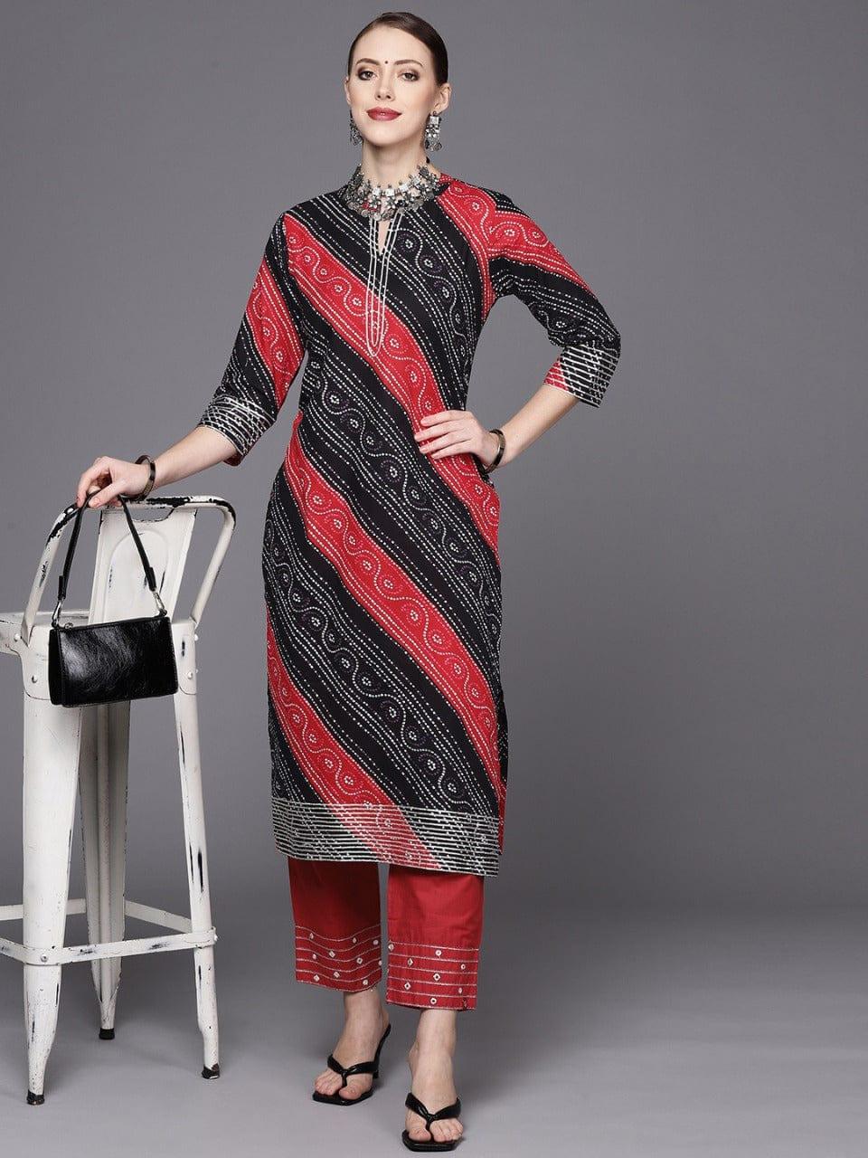 Varanga Women Black & Red Abstract Printed Cotton Kurta - Indiakreations