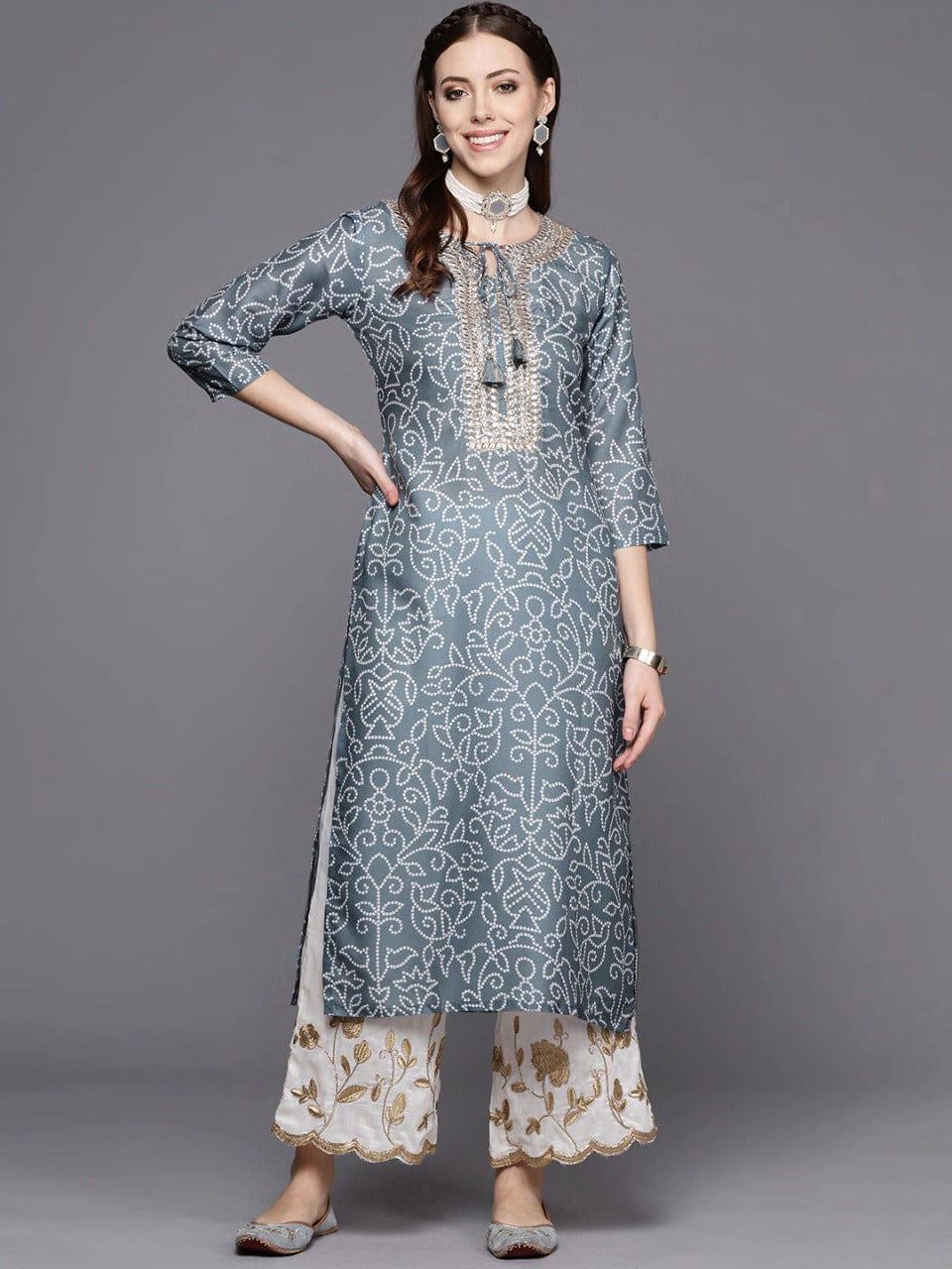 Bandhej Gota Patti Embroidery Straight Kurta With Dori Tassel Embellishment - Indiakreations