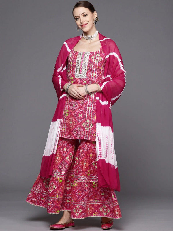 Varanga Women Pink Ethnic Motifs Embroidered Gotta Patti Pure Cotton Kurta with Sharara & With Dupatta - Indiakreations