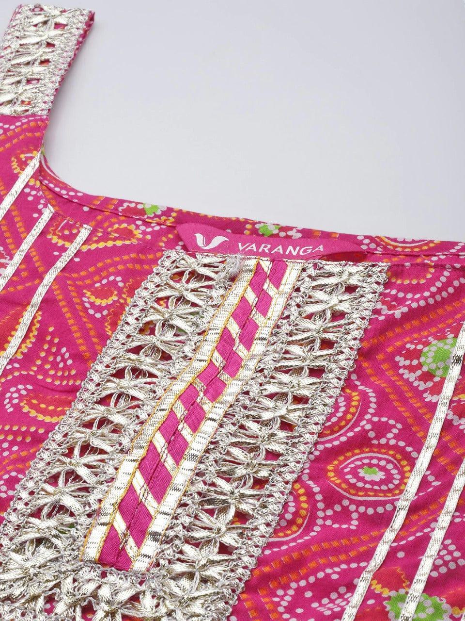 Varanga Women Pink Ethnic Motifs Embroidered Gotta Patti Pure Cotton Kurta with Sharara & With Dupatta - Indiakreations