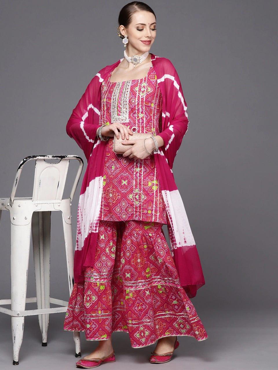 Varanga Women Pink Ethnic Motifs Embroidered Gotta Patti Pure Cotton Kurta with Sharara & With Dupatta - Indiakreations