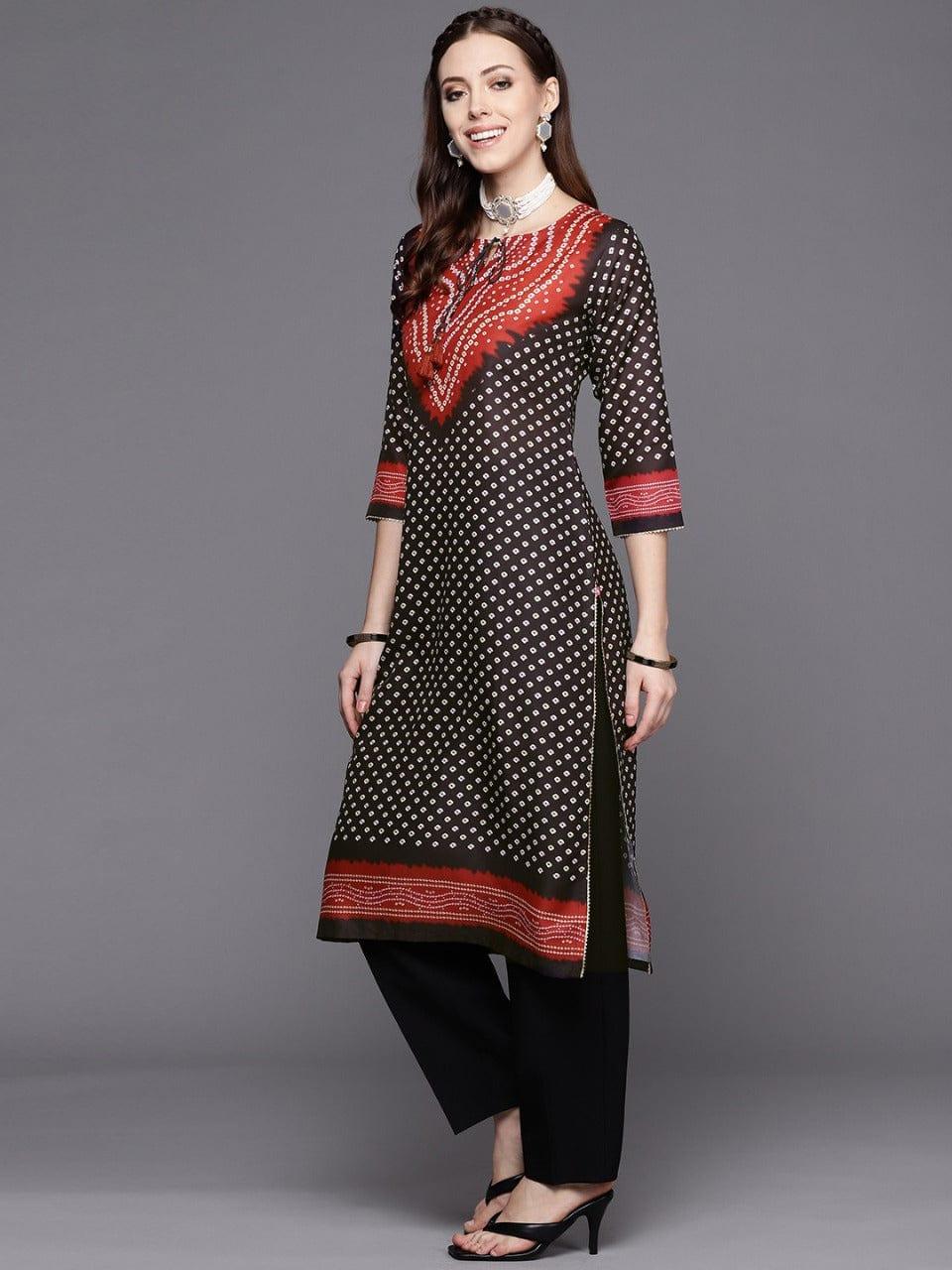 Varanga Women Black Ethnic Motifs Printed Thread Work Kurta - Indiakreations