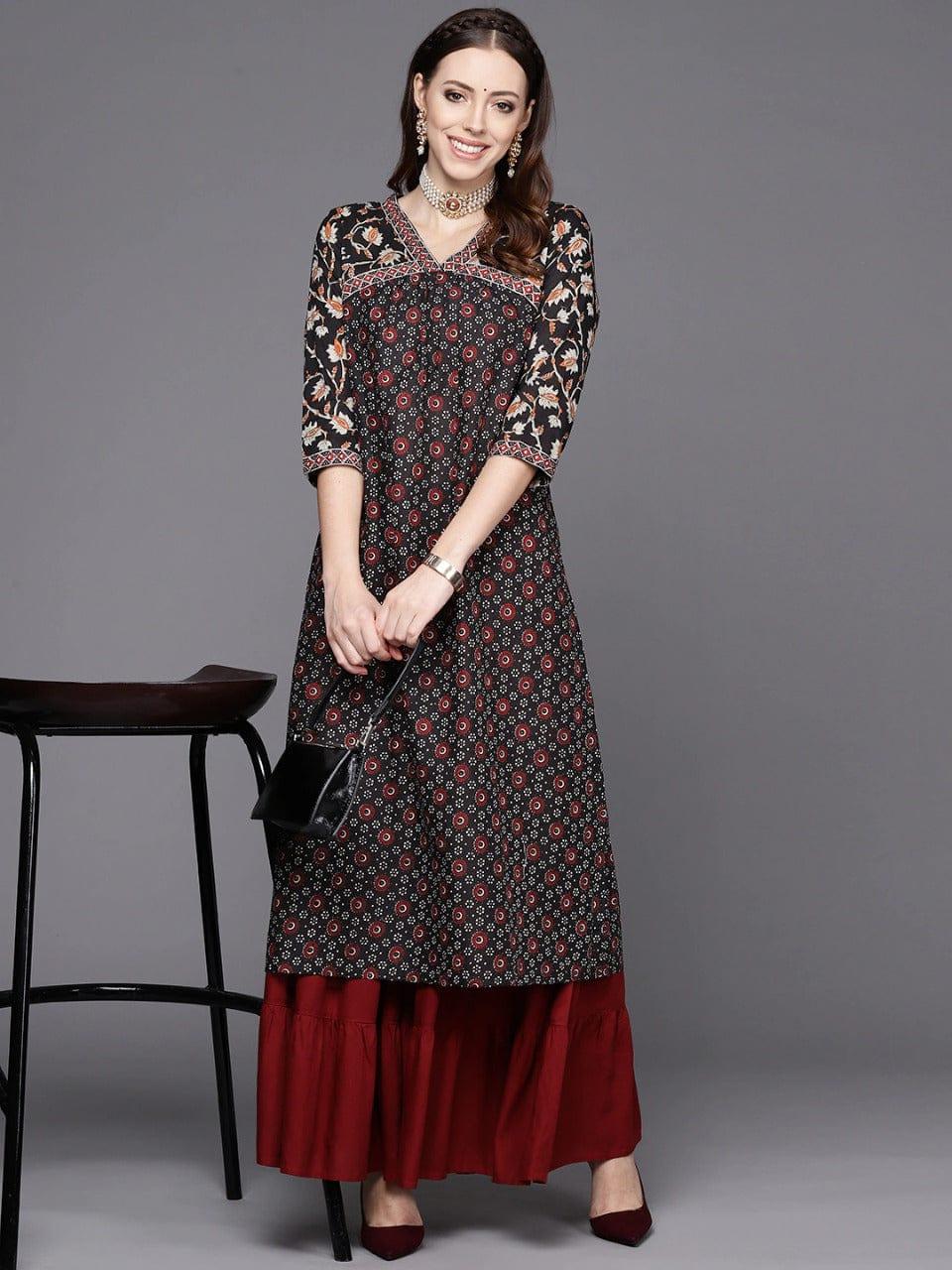 Varanga Women Black & Maroon Ethnic Motifs Printed Kurta - Indiakreations