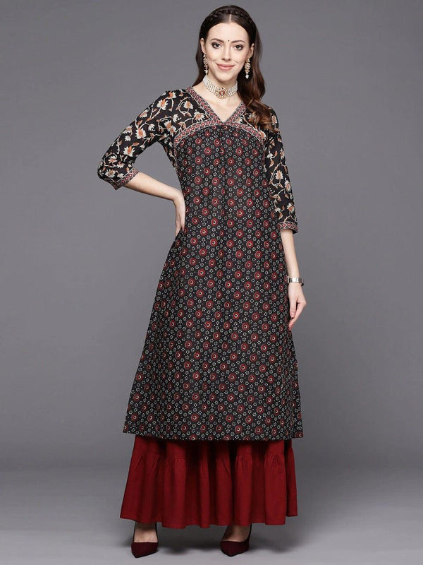 Varanga Women Black & Maroon Ethnic Motifs Printed Kurta - Indiakreations