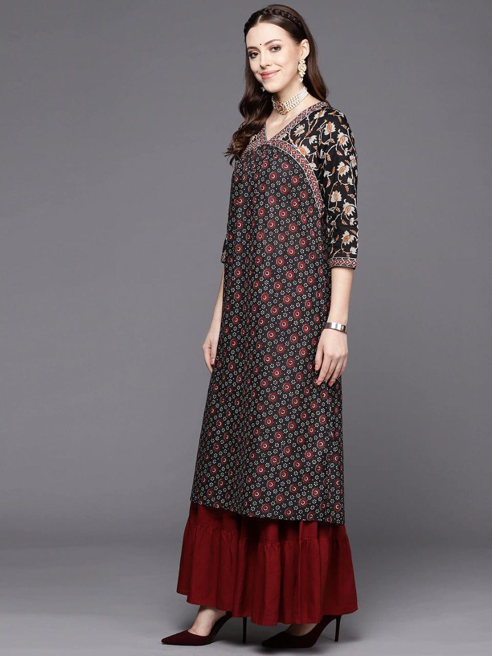 Varanga Women Black & Maroon Ethnic Motifs Printed Kurta - Indiakreations