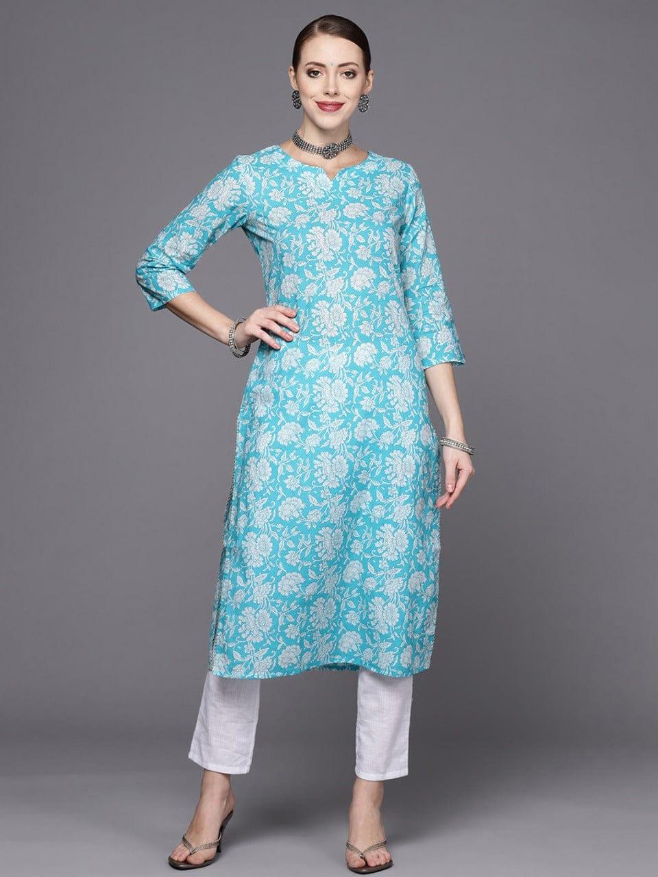 Blue And White Floral Printed Straight Kurta - Indiakreations