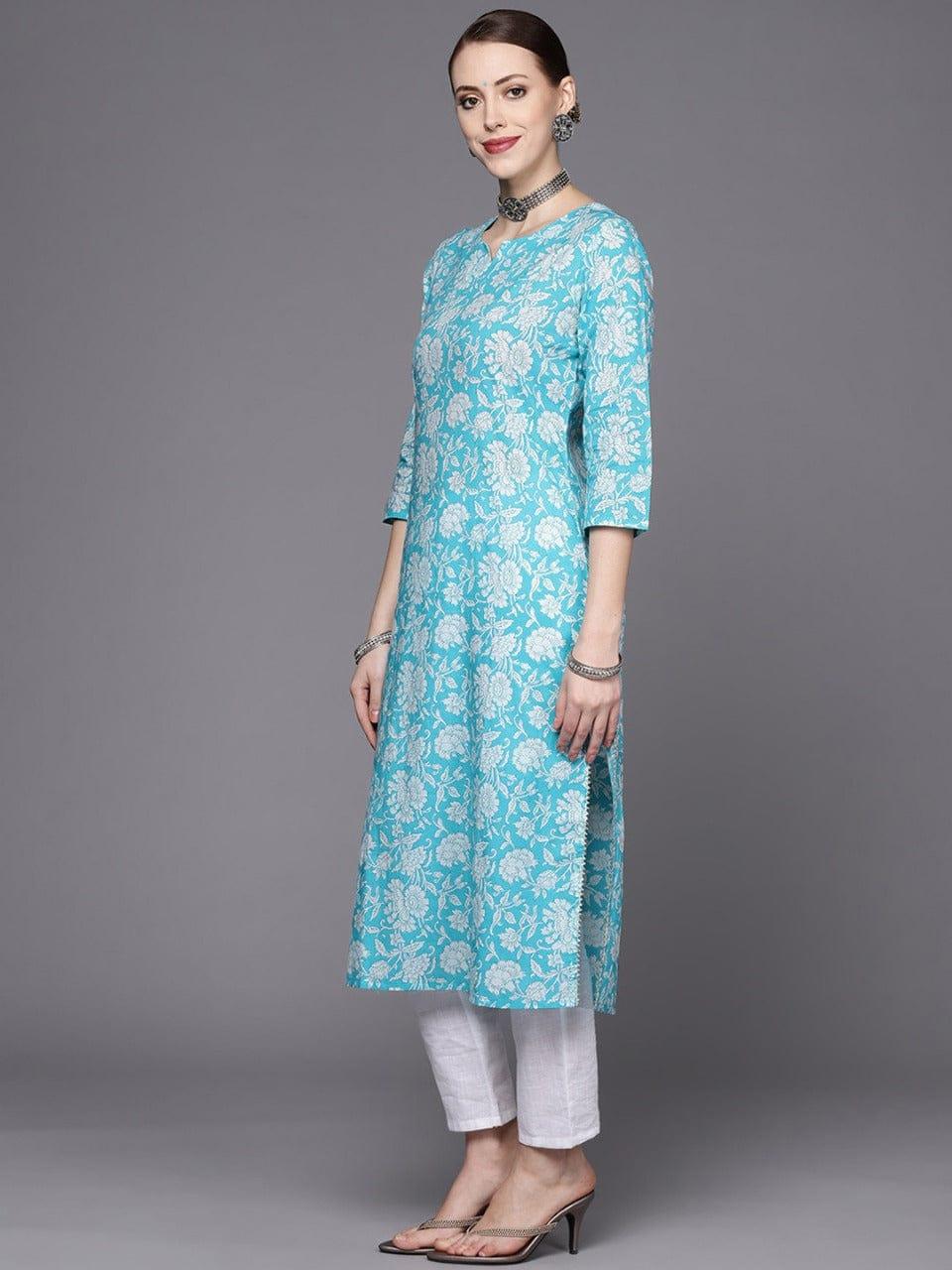 Blue And White Floral Printed Straight Kurta - Indiakreations