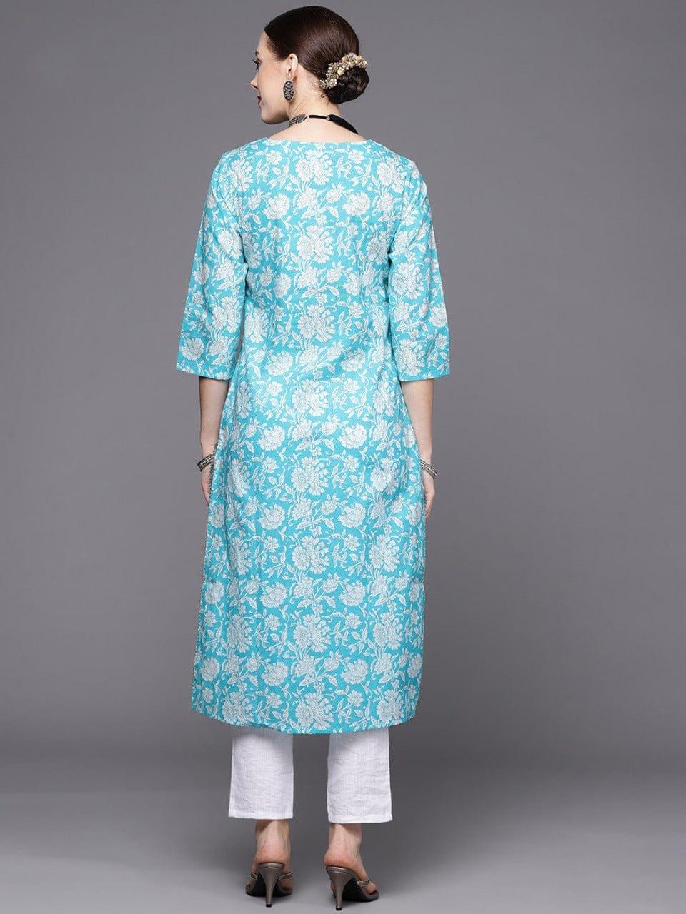 Blue And White Floral Printed Straight Kurta - Indiakreations