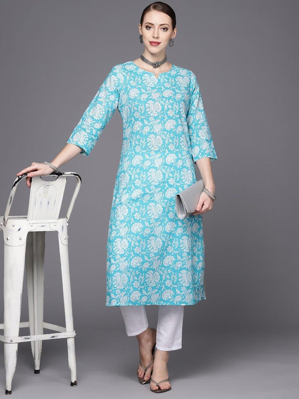 Blue And White Floral Printed Straight Kurta - Indiakreations