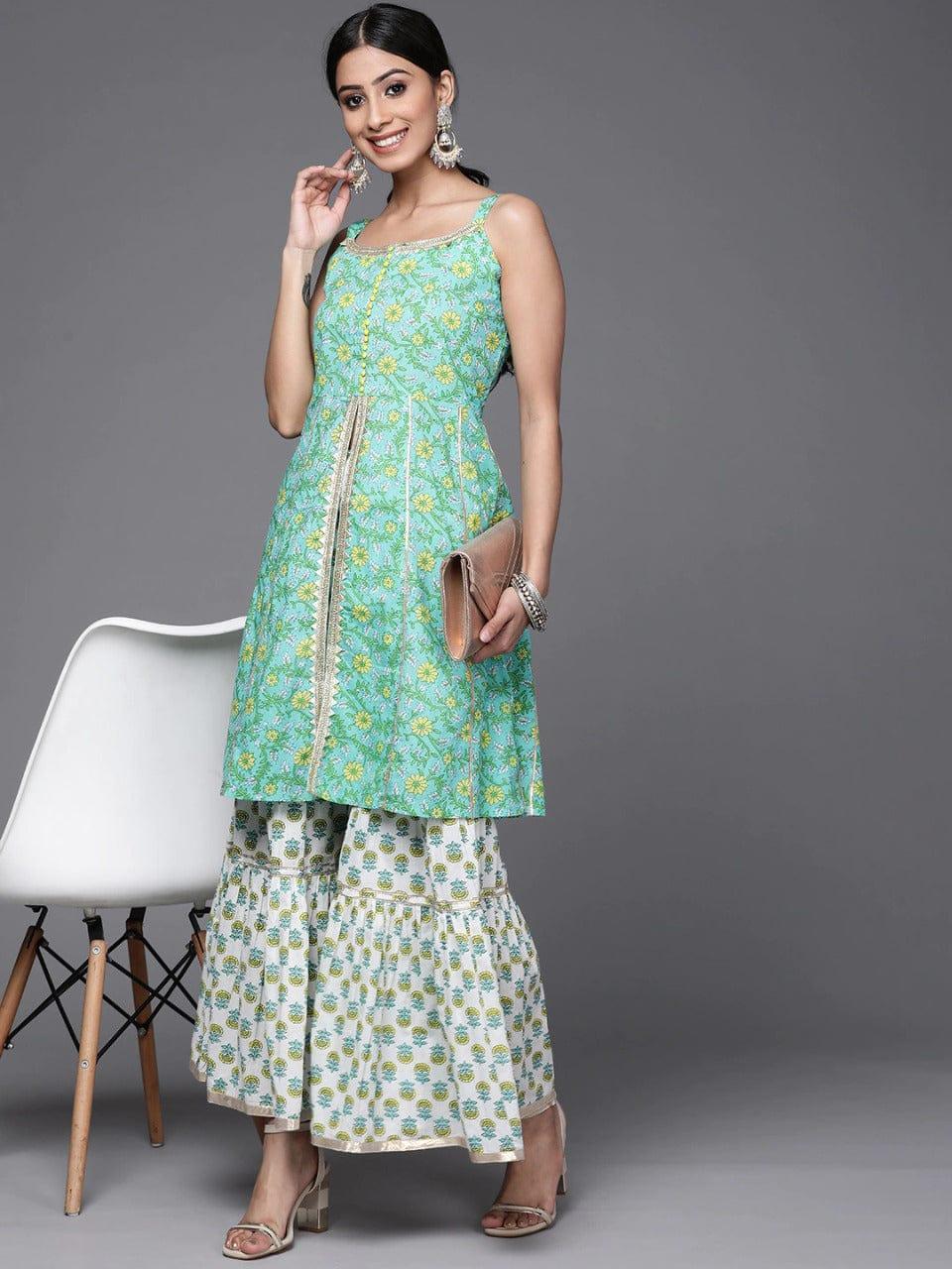 Varanga Women Sea Green & White Floral Printed Gotta Patti Pure Cotton Kurta with Sharara - Indiakreations