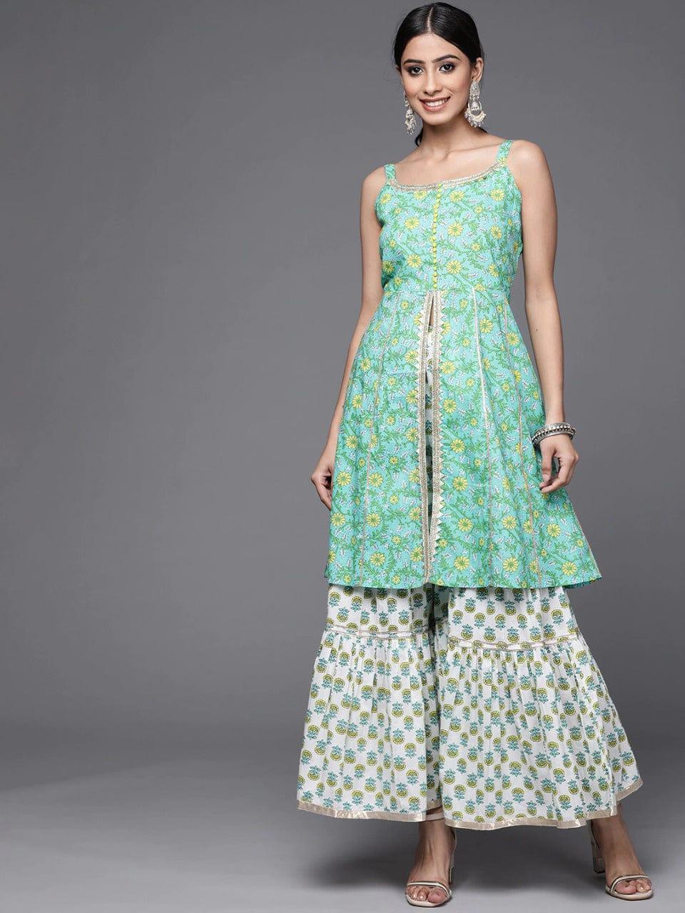 Varanga Women Sea Green & White Floral Printed Gotta Patti Pure Cotton Kurta with Sharara - Indiakreations