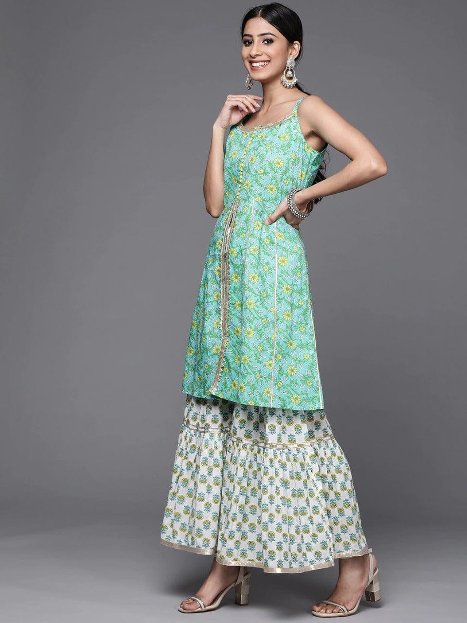 Varanga Women Sea Green & White Floral Printed Gotta Patti Pure Cotton Kurta with Sharara - Indiakreations