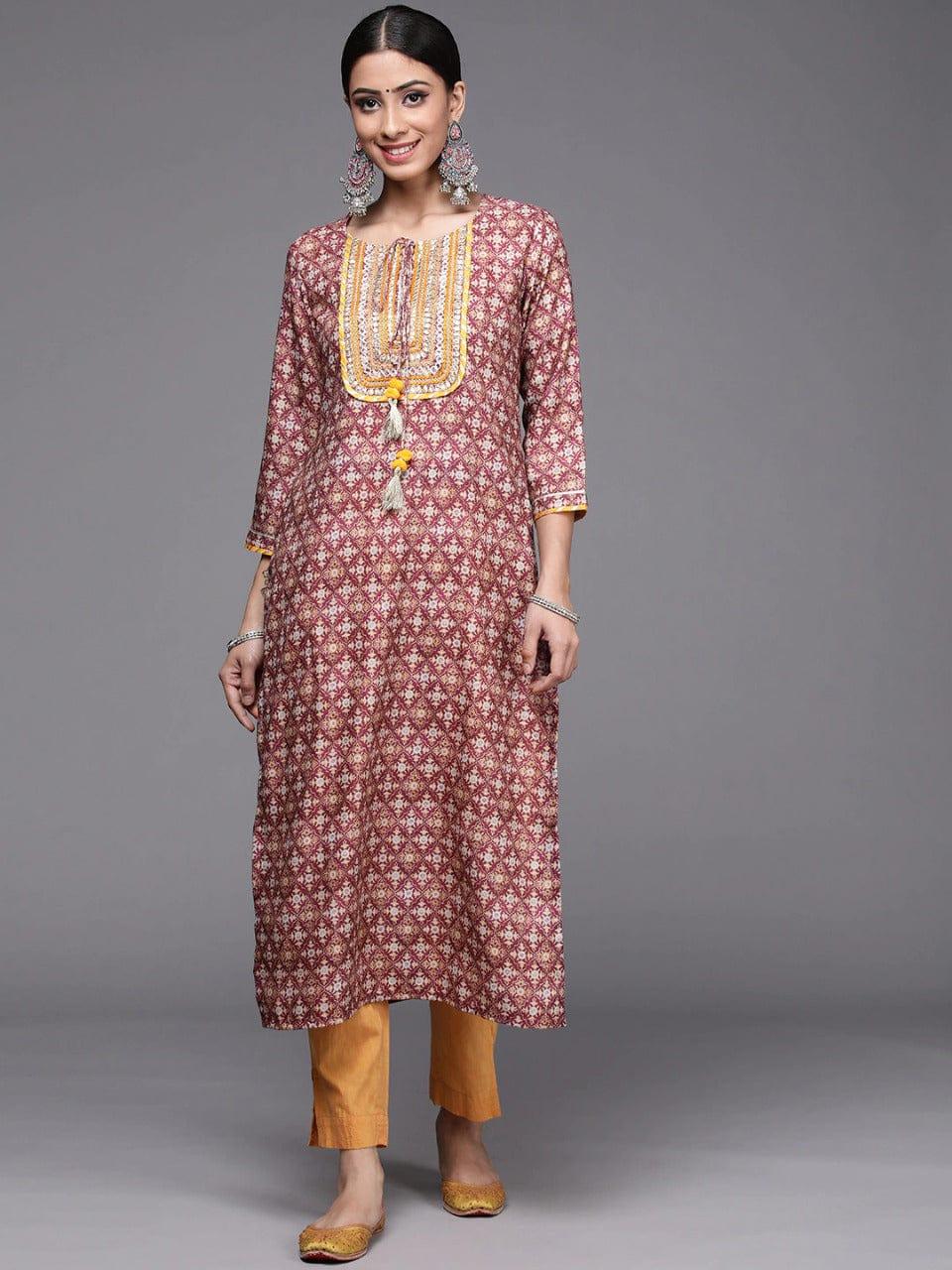 Varanga Women Burgundy & Mustard Yellow Ethnic Motifs Embroidered Gotta Patti Kurta - Indiakreations