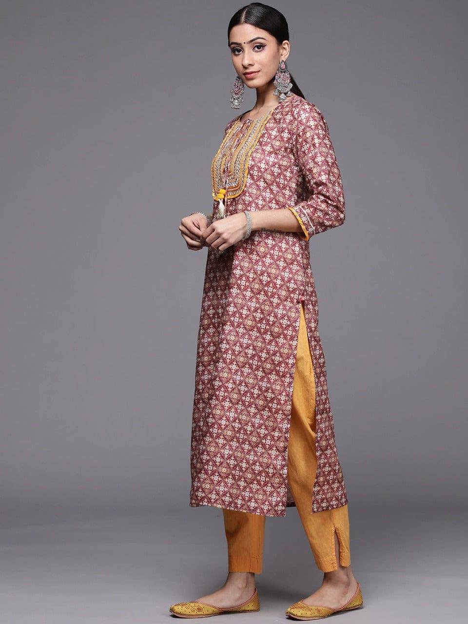 Varanga Women Burgundy & Mustard Yellow Ethnic Motifs Embroidered Gotta Patti Kurta - Indiakreations