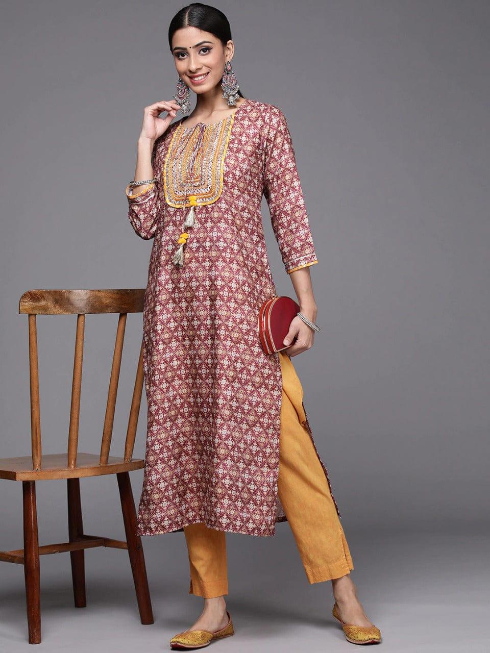 Varanga Women Burgundy & Mustard Yellow Ethnic Motifs Embroidered Gotta Patti Kurta - Indiakreations