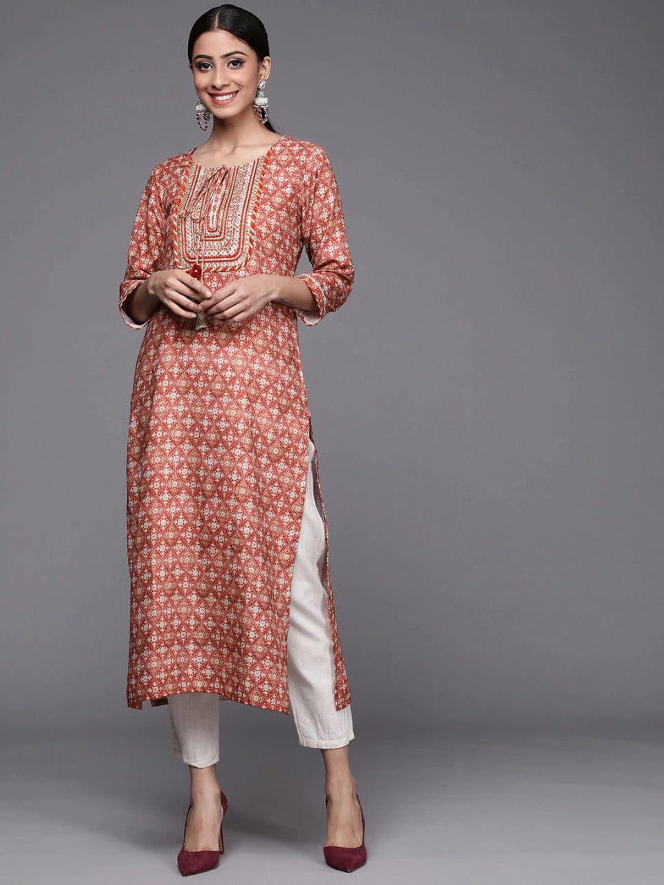 Varanga Women Red & Beige Ethnic Motifs Printed Gotta Patti Kurta - Indiakreations