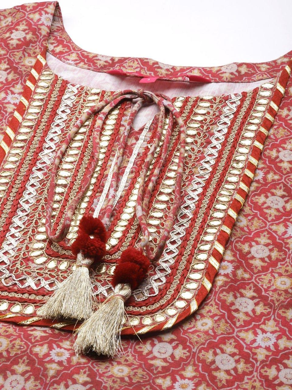 Varanga Women Red & Beige Ethnic Motifs Printed Gotta Patti Kurta - Indiakreations