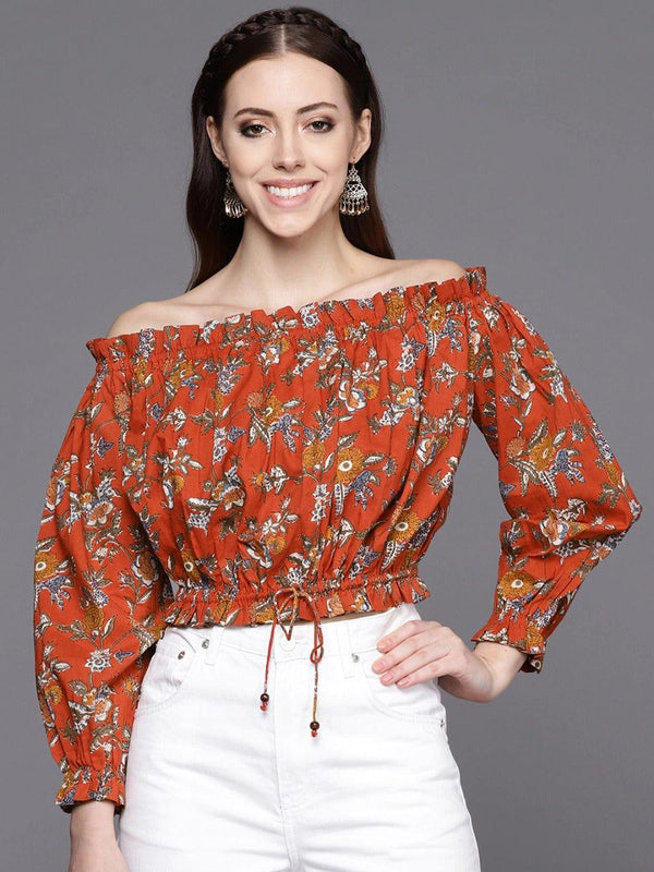 Varanga Maroon Floral Print Off-Shoulder Top - Indiakreations