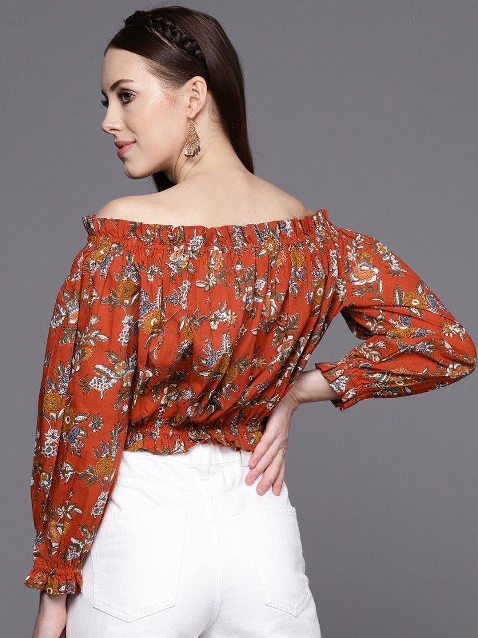 Varanga Maroon Floral Print Off-Shoulder Top - Indiakreations