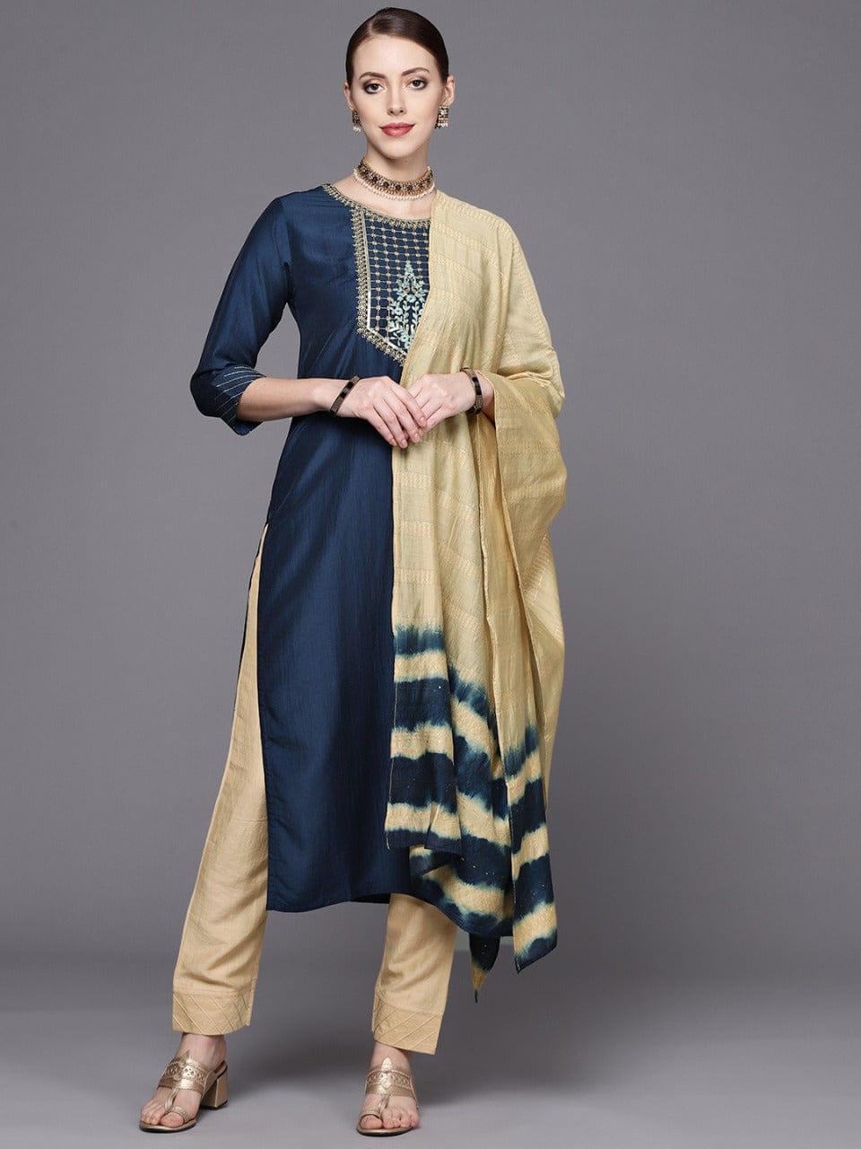 Varanga Women Navy Blue Yoke Design Kurta with Trousers & With Dupatta - Indiakreations