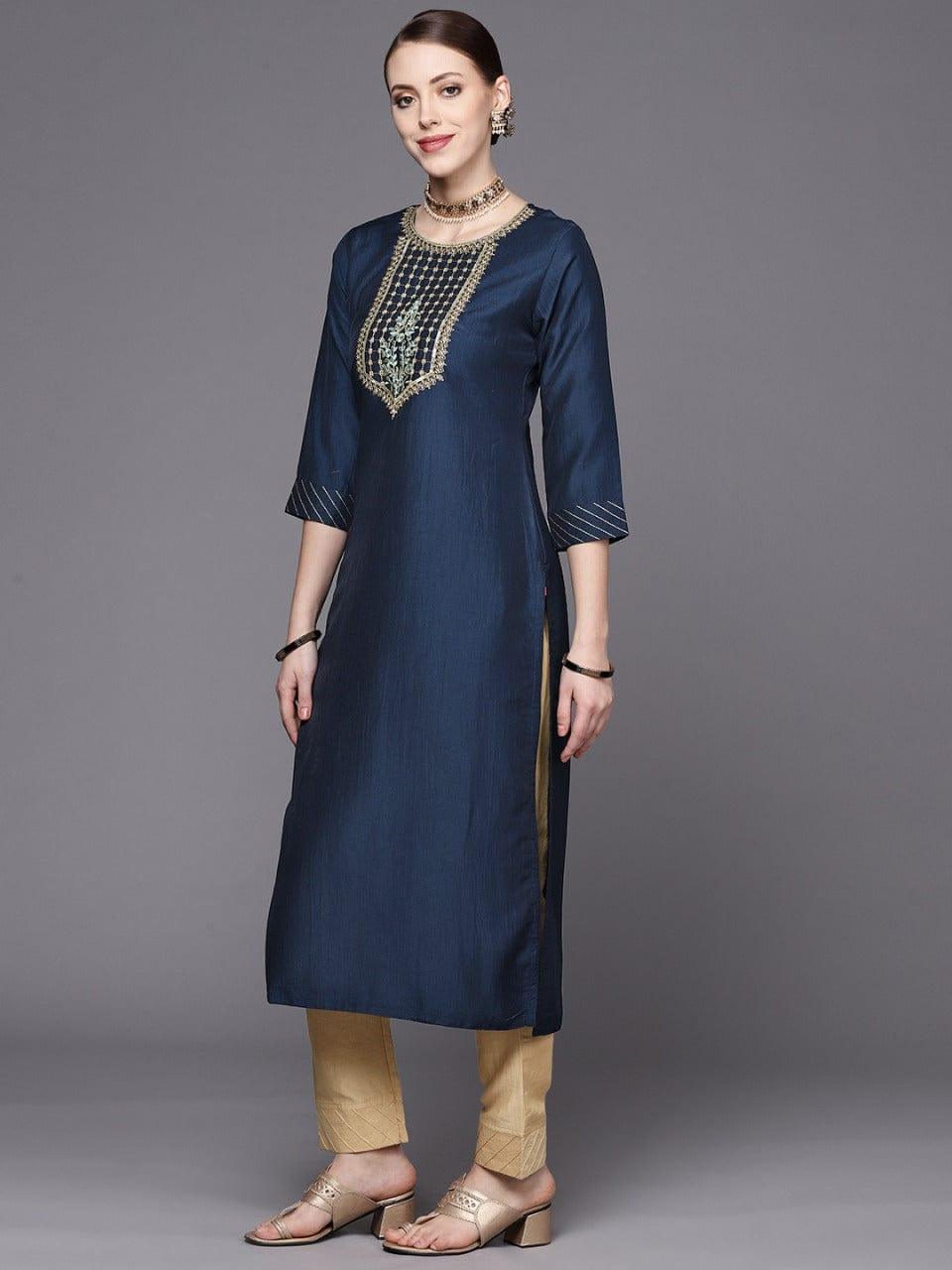 Varanga Women Navy Blue Yoke Design Kurta with Trousers & With Dupatta - Indiakreations