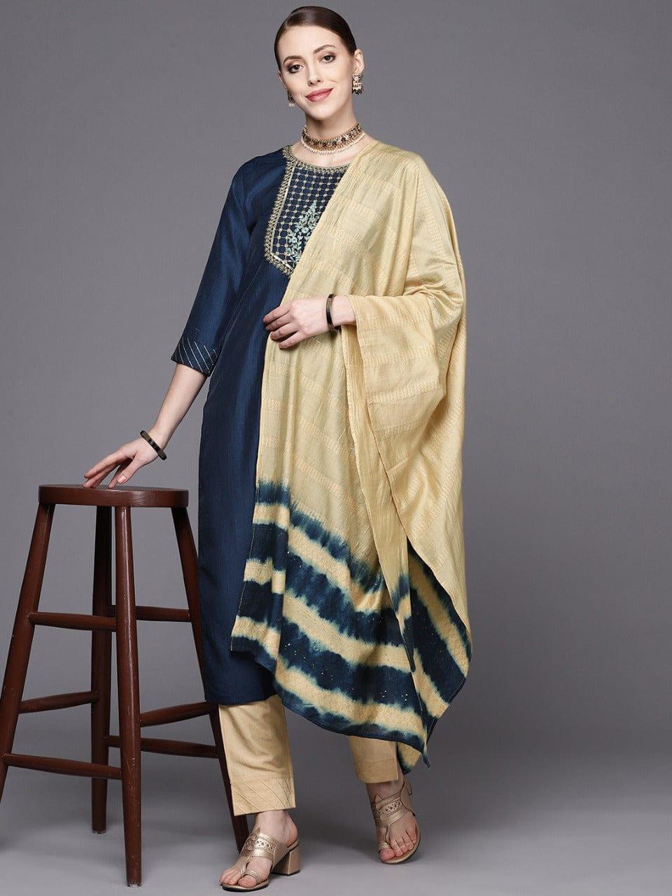 Varanga Women Navy Blue Yoke Design Kurta with Trousers & With Dupatta - Indiakreations