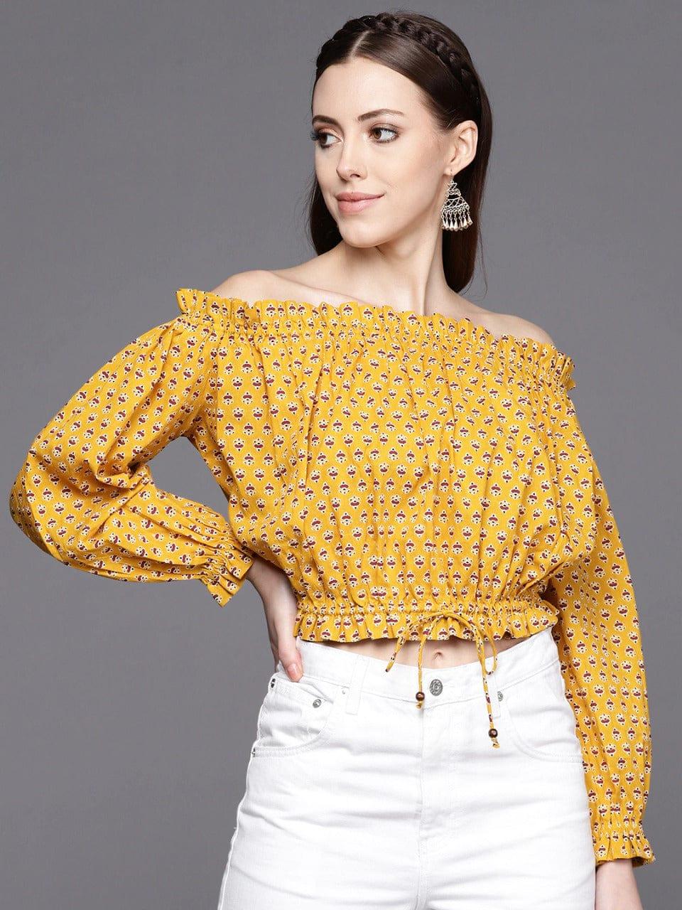 Varanga Mustard Yellow & Maroon Print Off-Shoulder Top - Indiakreations