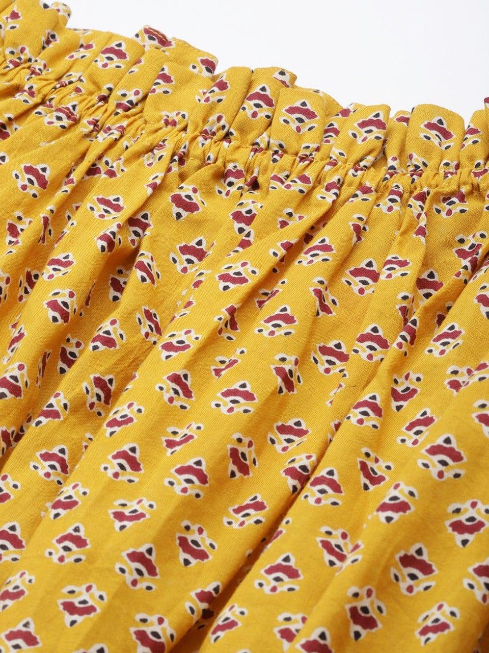 Varanga Mustard Yellow & Maroon Print Off-Shoulder Top - Indiakreations