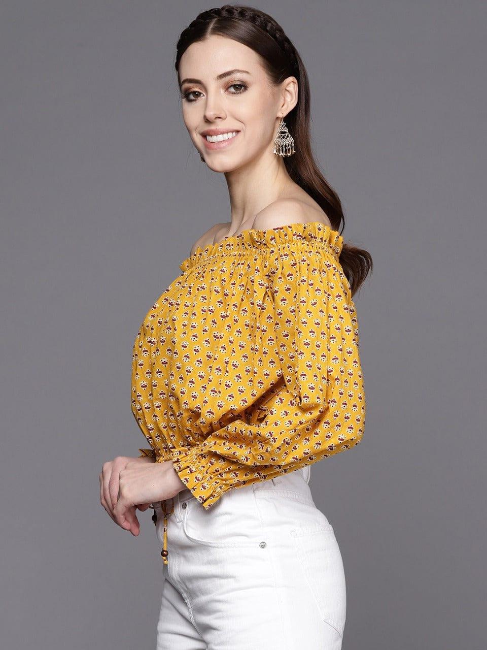 Varanga Mustard Yellow & Maroon Print Off-Shoulder Top - Indiakreations