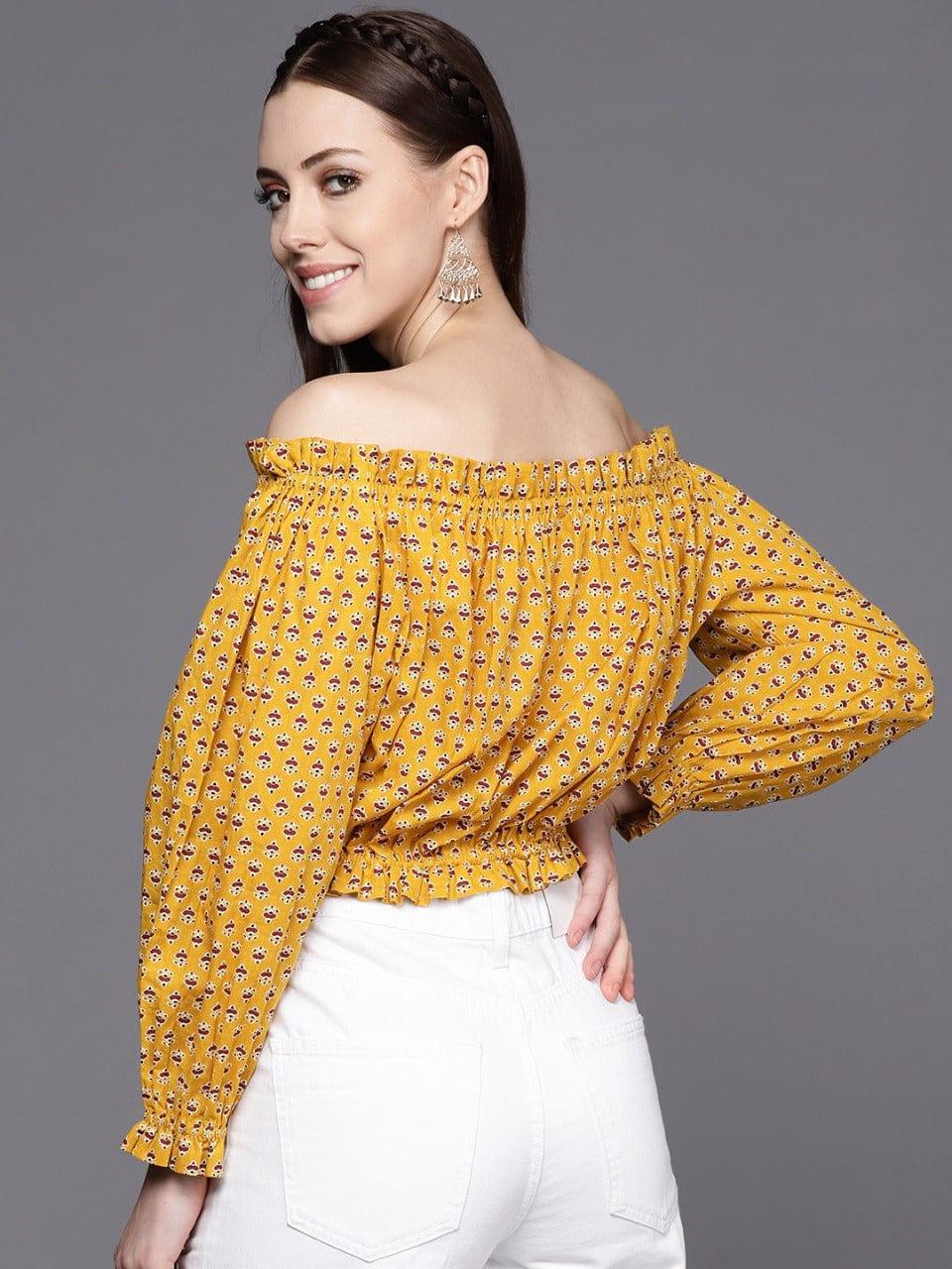 Varanga Mustard Yellow & Maroon Print Off-Shoulder Top - Indiakreations