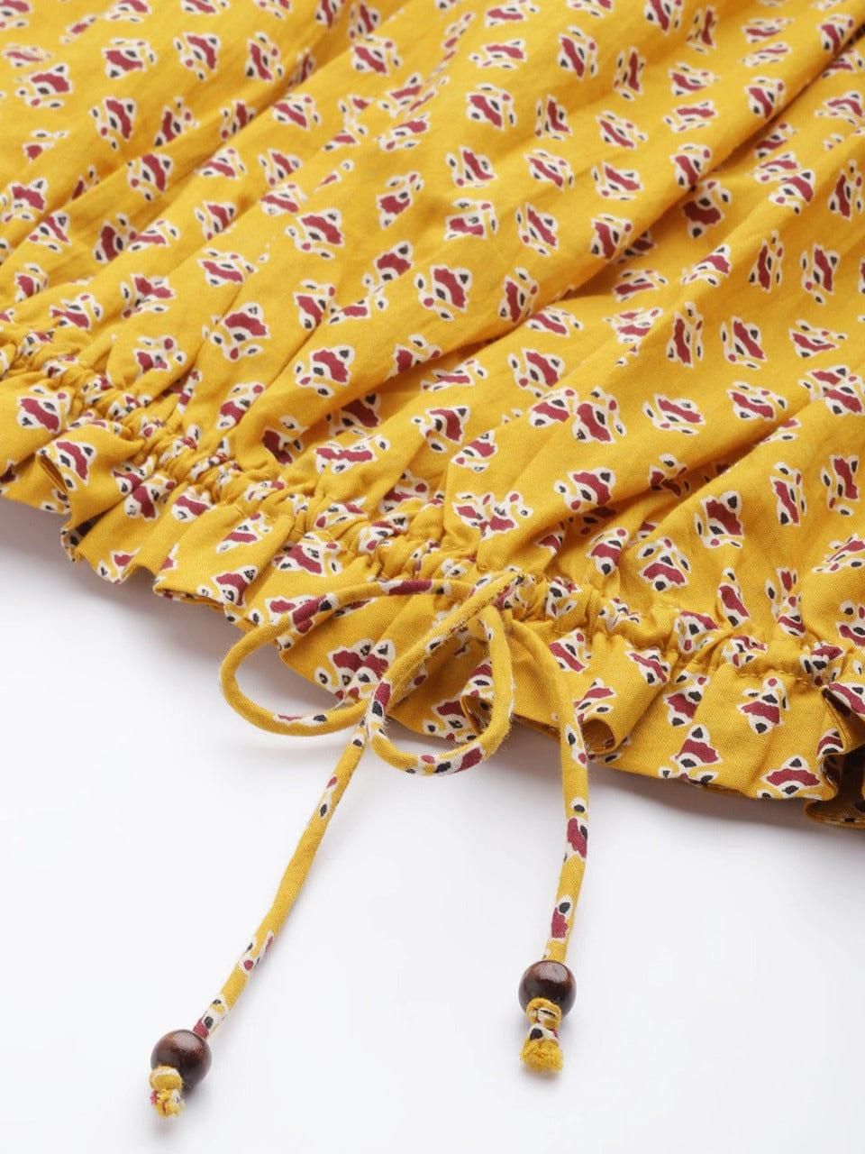 Varanga Mustard Yellow & Maroon Print Off-Shoulder Top - Indiakreations