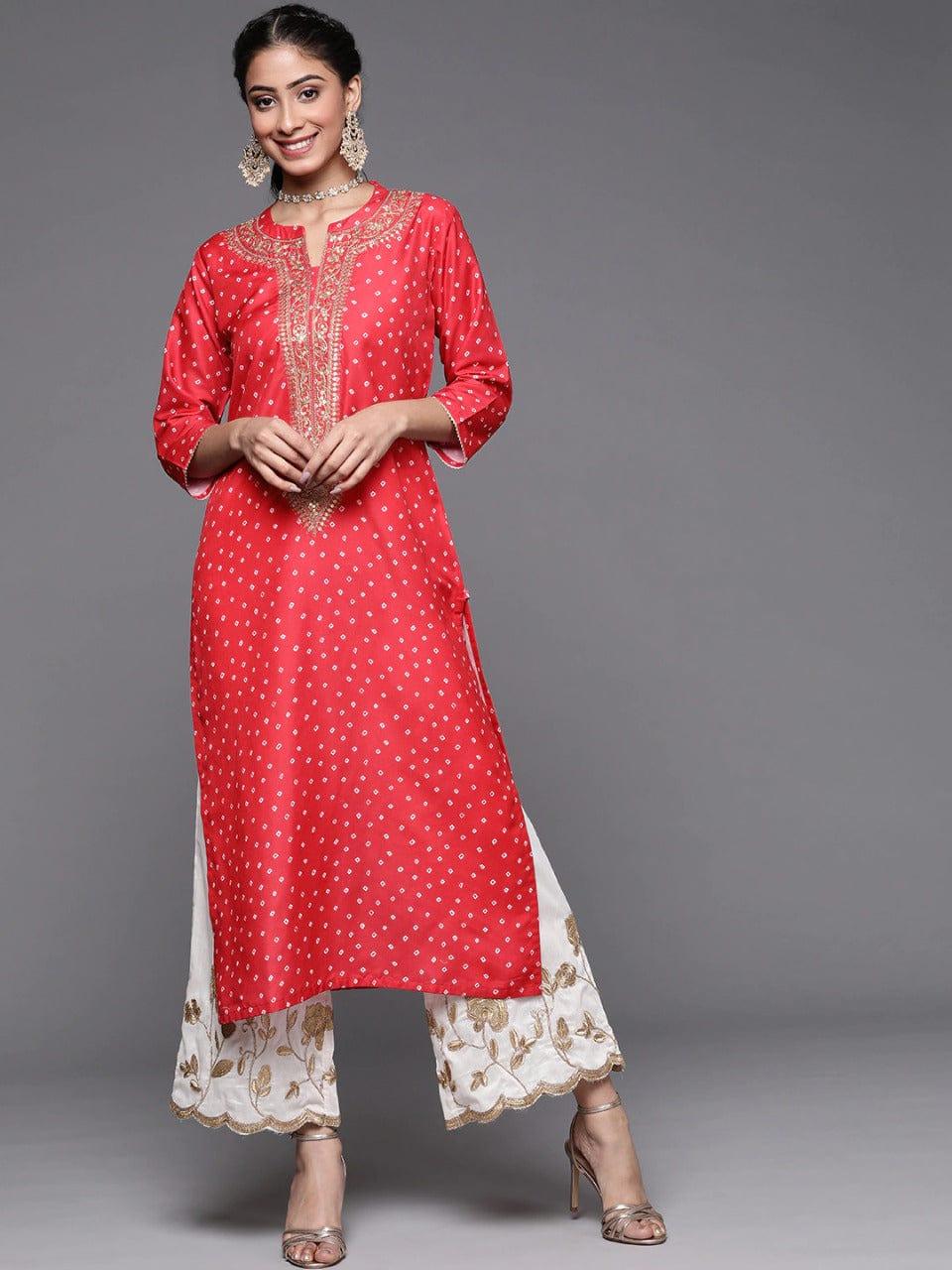 Varanga Women Red Bandhani Printed Yoke Design Kurta - Indiakreations