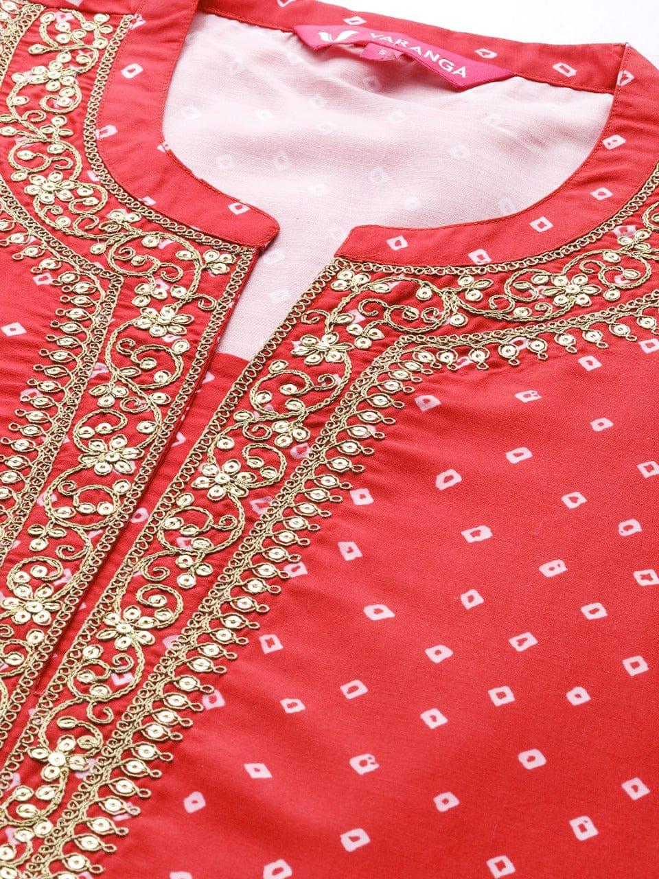 Varanga Women Red Bandhani Printed Yoke Design Kurta - Indiakreations