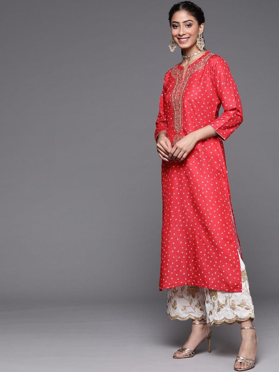 Varanga Women Red Bandhani Printed Yoke Design Kurta - Indiakreations