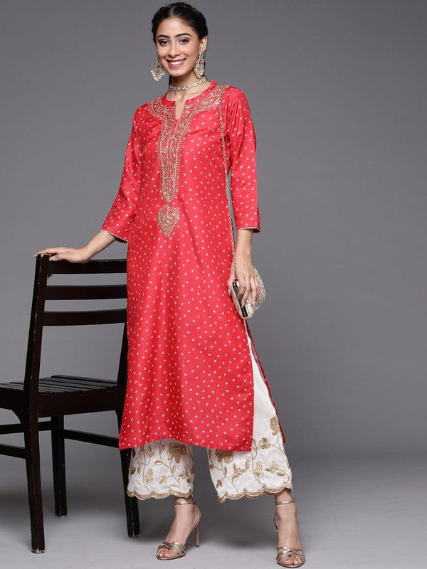 Varanga Women Red Bandhani Printed Yoke Design Kurta - Indiakreations