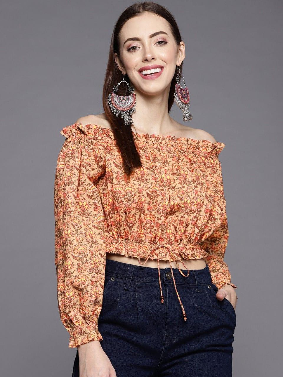 KSUT Beige & Yellow Printed Cotton Off-Shoulder Bardot Crop Top - Indiakreations