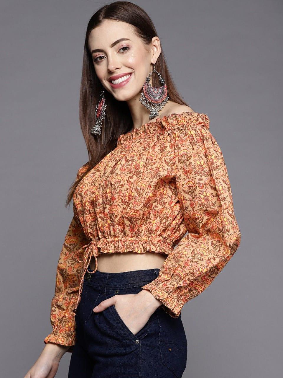 KSUT Beige & Yellow Printed Cotton Off-Shoulder Bardot Crop Top - Indiakreations