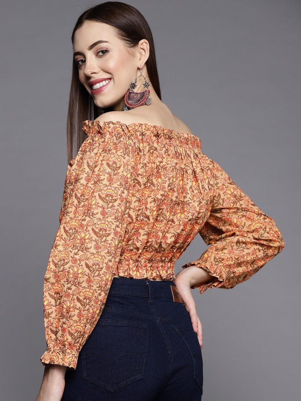 KSUT Beige & Yellow Printed Cotton Off-Shoulder Bardot Crop Top - Indiakreations