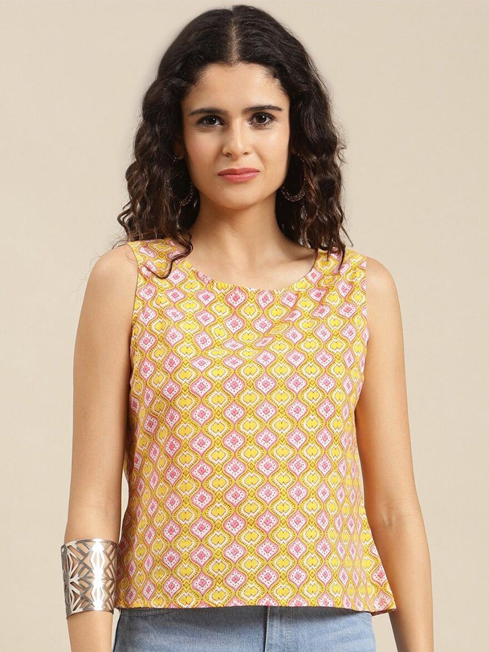 KSUT Women Yellow & White Ethnic Motifs Printed Cotton Top - Indiakreations