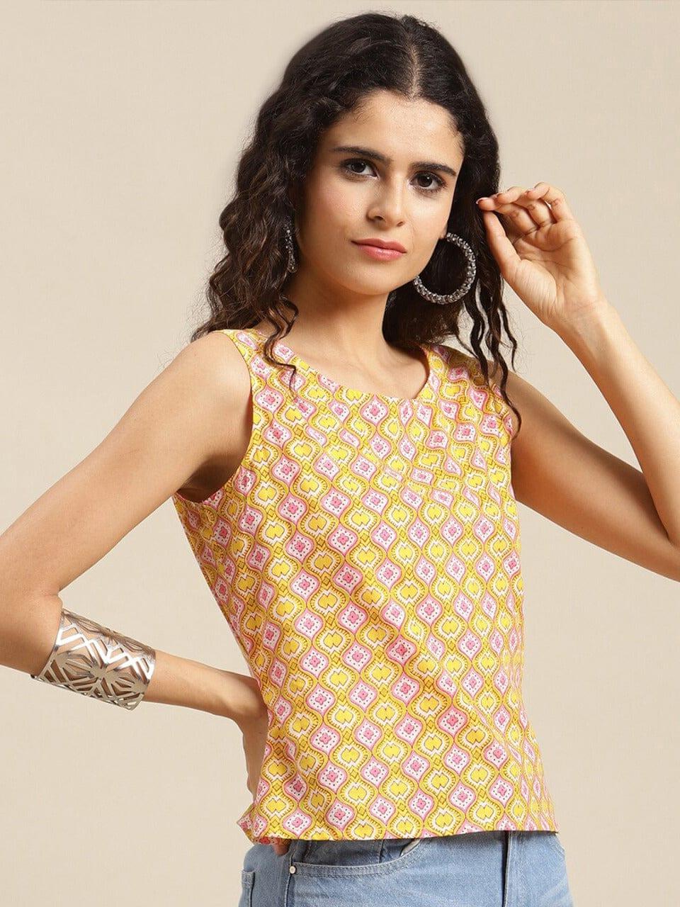 KSUT Women Yellow & White Ethnic Motifs Printed Cotton Top - Indiakreations