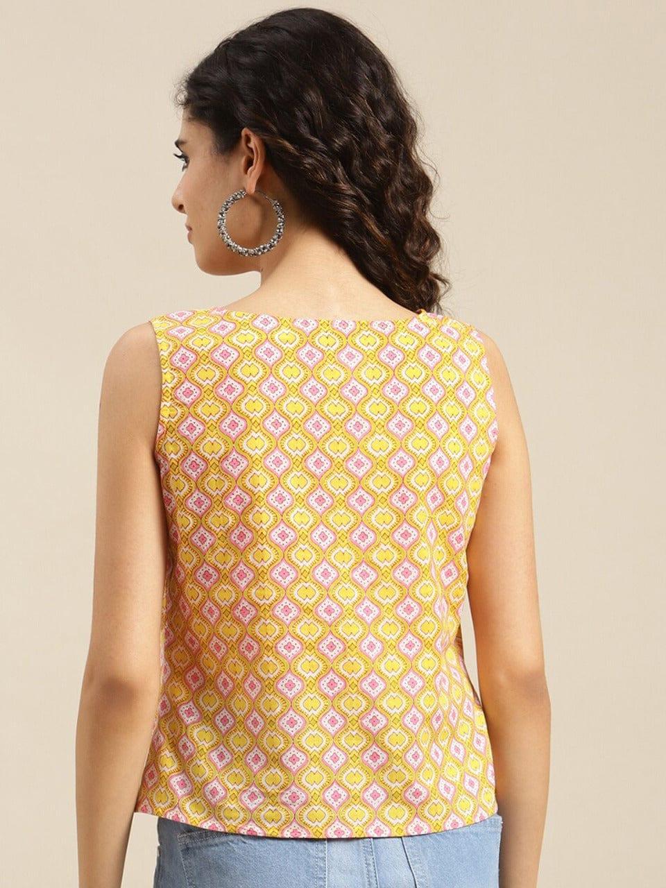 KSUT Women Yellow & White Ethnic Motifs Printed Cotton Top - Indiakreations