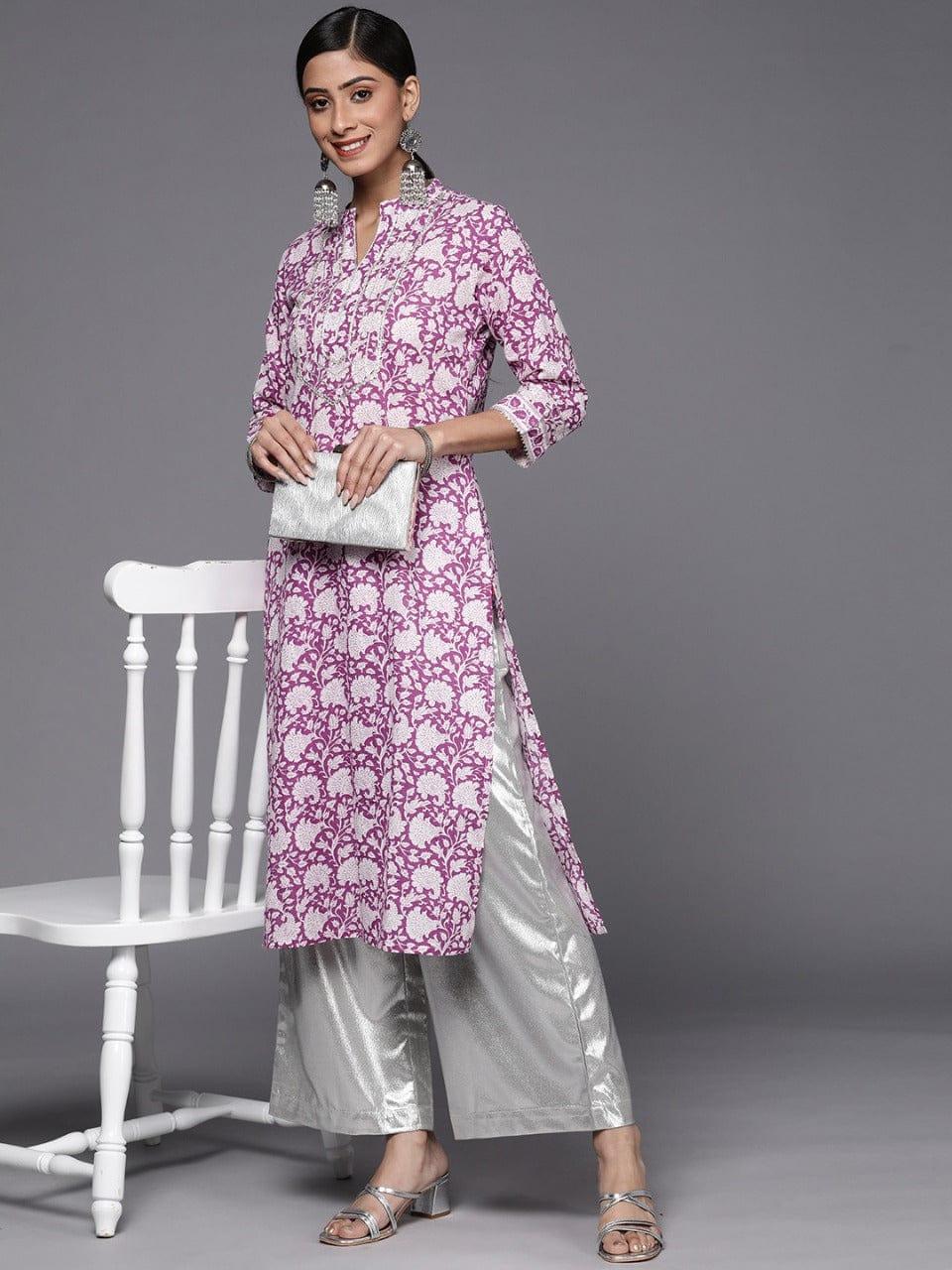 Purple And White Floral Printed Gota Embellished Straight Kurta - Indiakreations