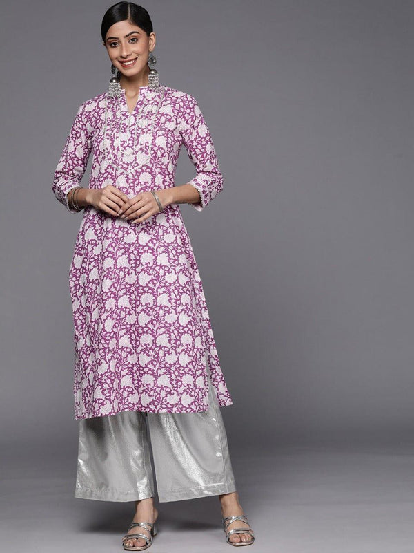 Purple And White Floral Printed Gota Embellished Straight Kurta - Indiakreations