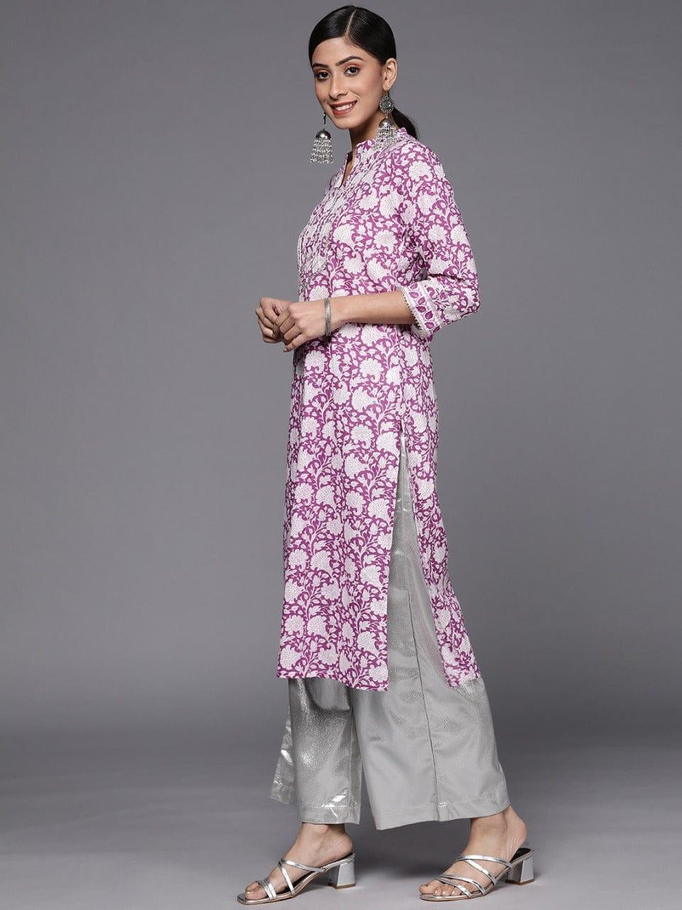 Purple And White Floral Printed Gota Embellished Straight Kurta - Indiakreations