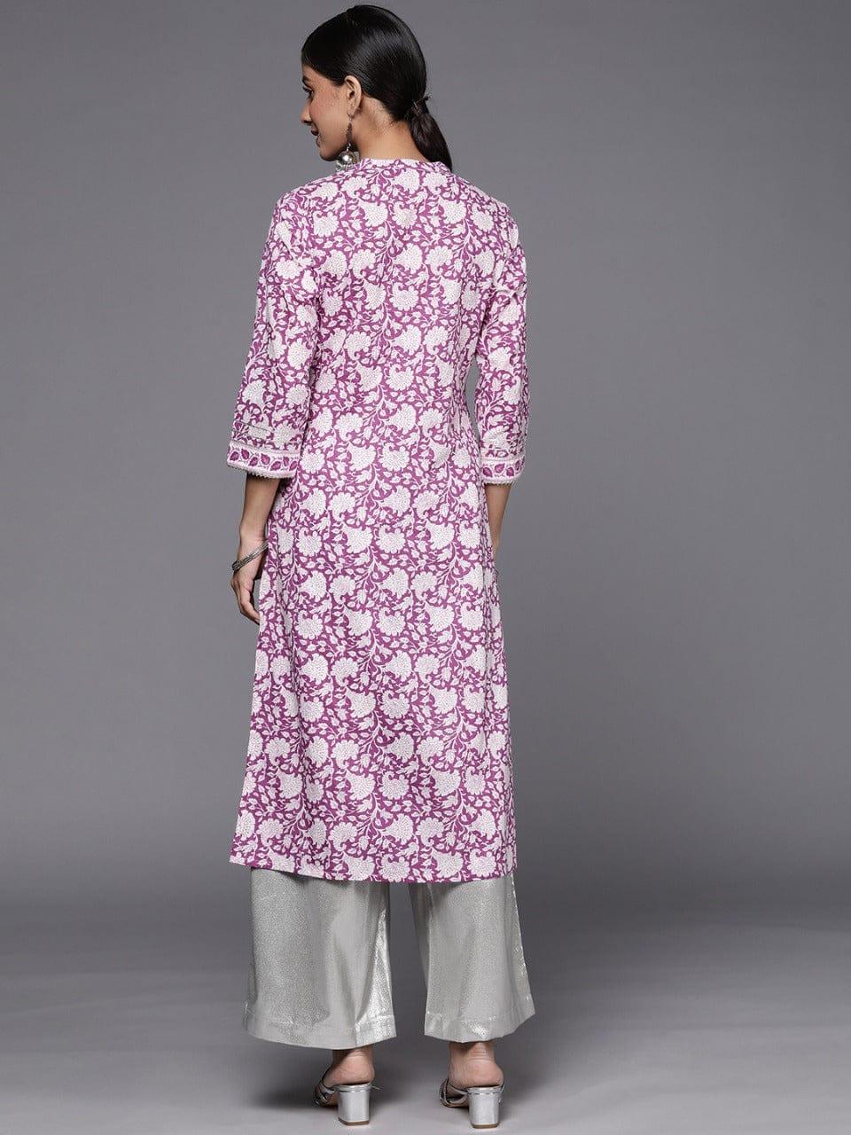 Purple And White Floral Printed Gota Embellished Straight Kurta - Indiakreations