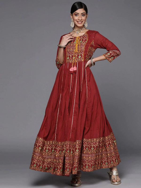 Maroon And Mustard Printed Anarkali Kurta With Gota Work And Dori Tassel Embellishment - Indiakreations