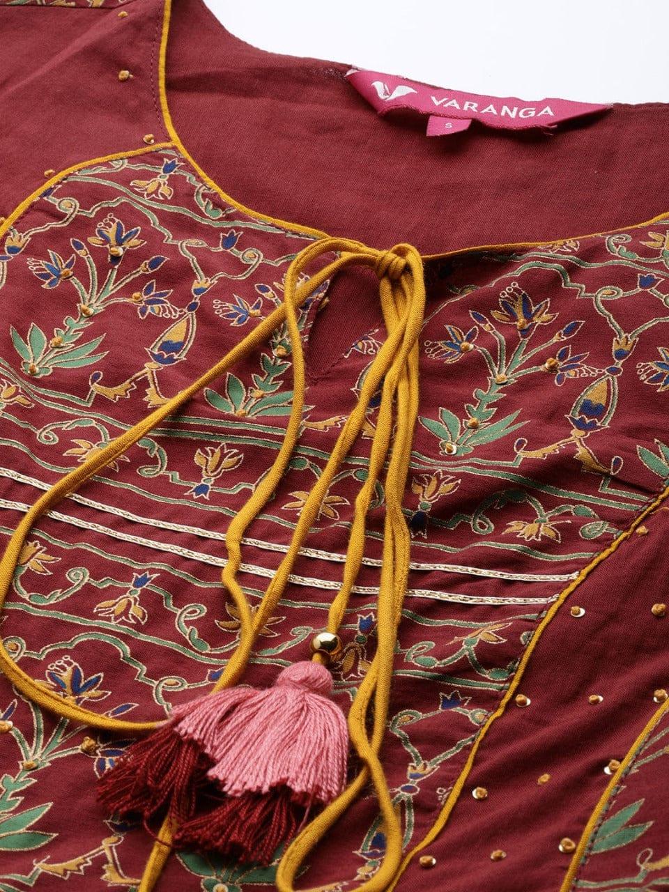 Maroon And Mustard Printed Anarkali Kurta With Gota Work And Dori Tassel Embellishment - Indiakreations