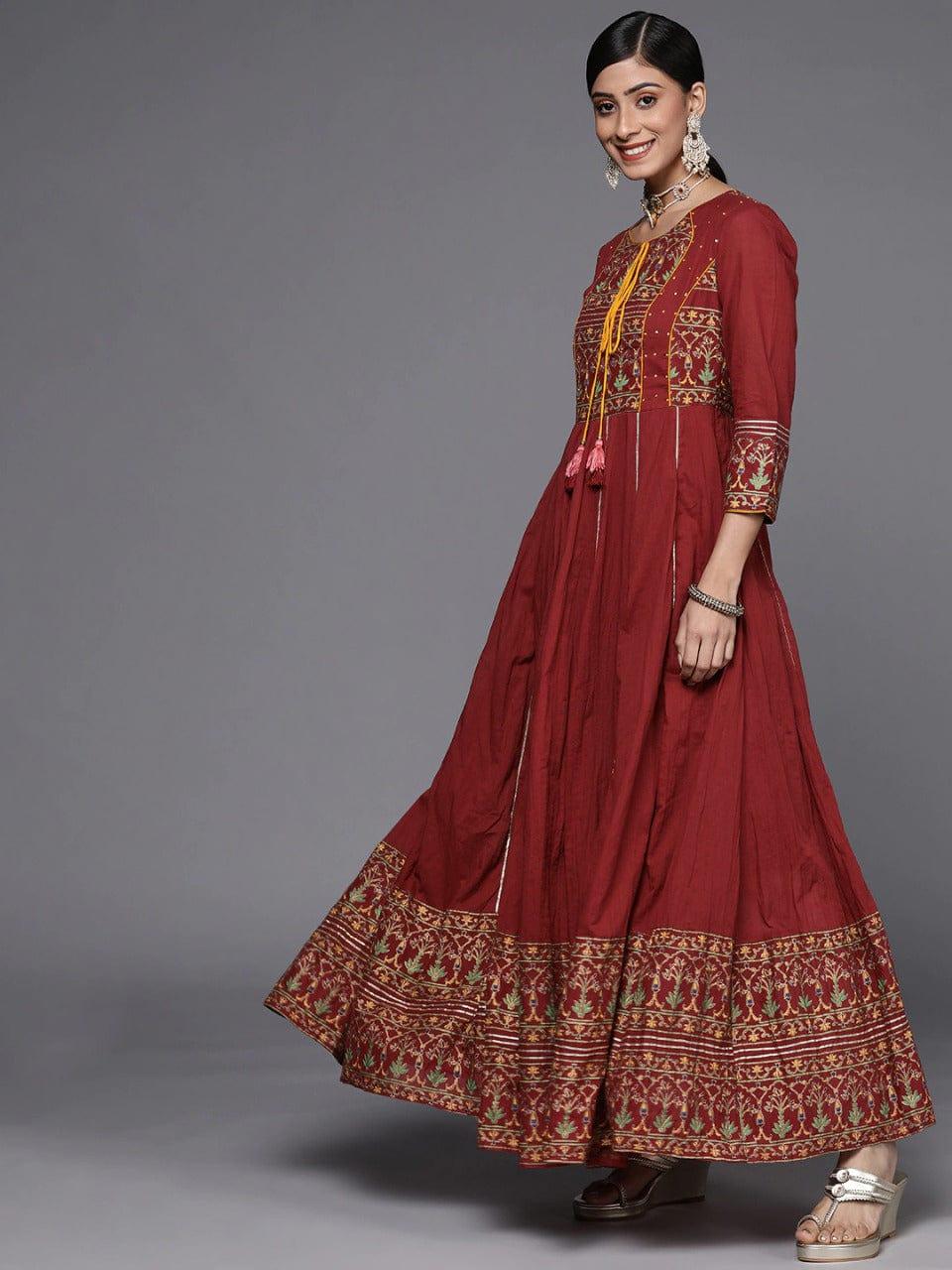 Maroon And Mustard Printed Anarkali Kurta With Gota Work And Dori Tassel Embellishment - Indiakreations