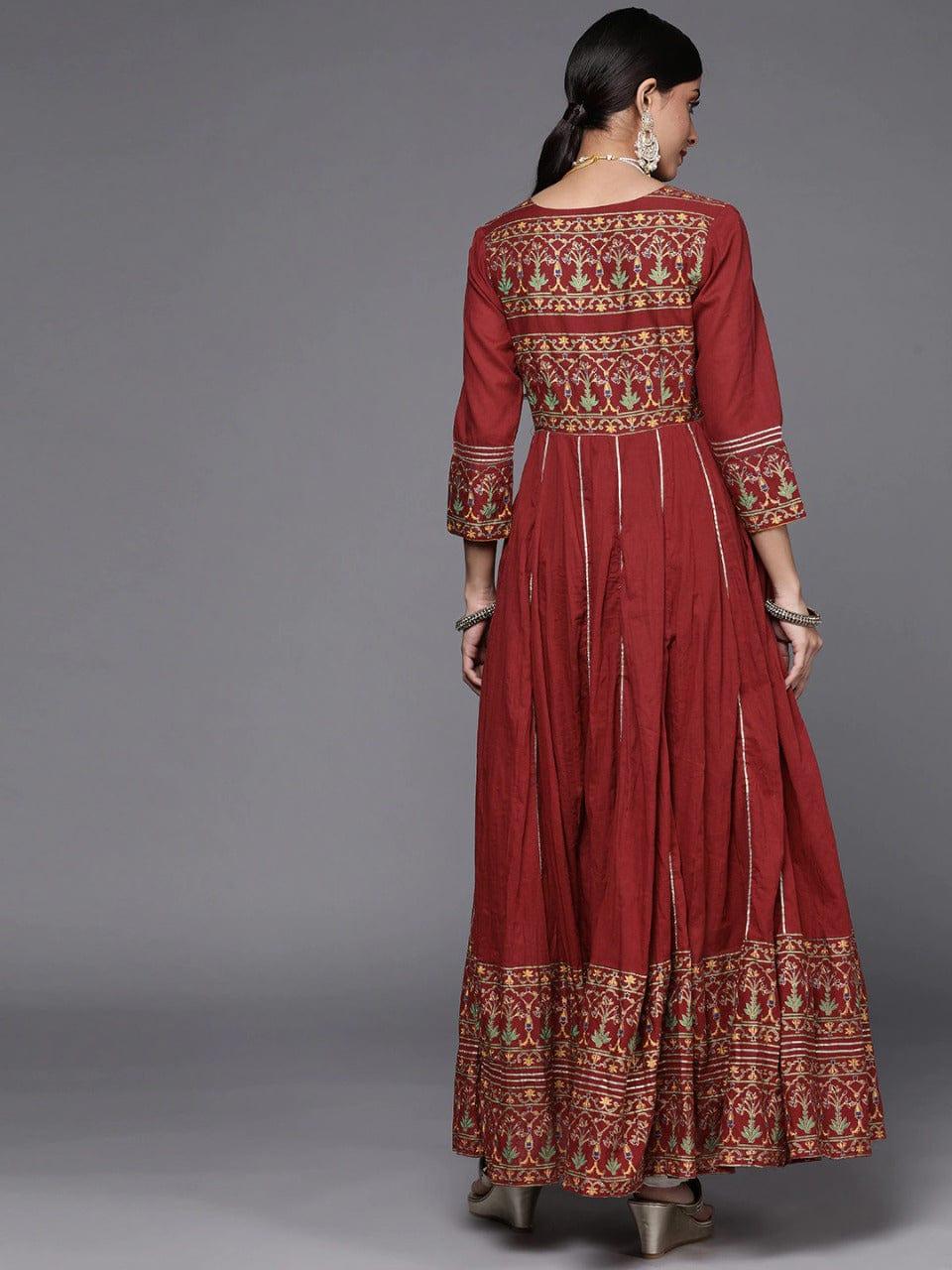 Maroon And Mustard Printed Anarkali Kurta With Gota Work And Dori Tassel Embellishment - Indiakreations